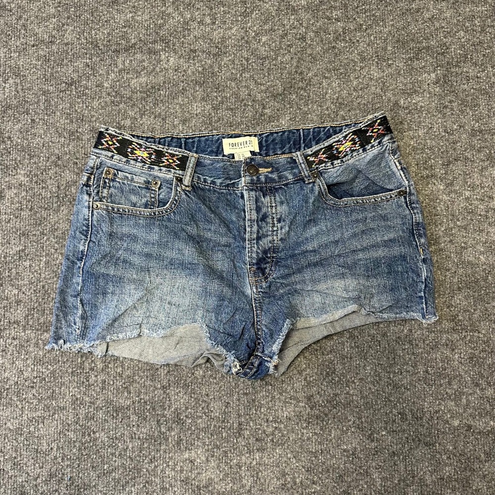 Forever 21 Denim Shorts Womens Size 28 Blue Embroidered Boho Cutoff Cotton